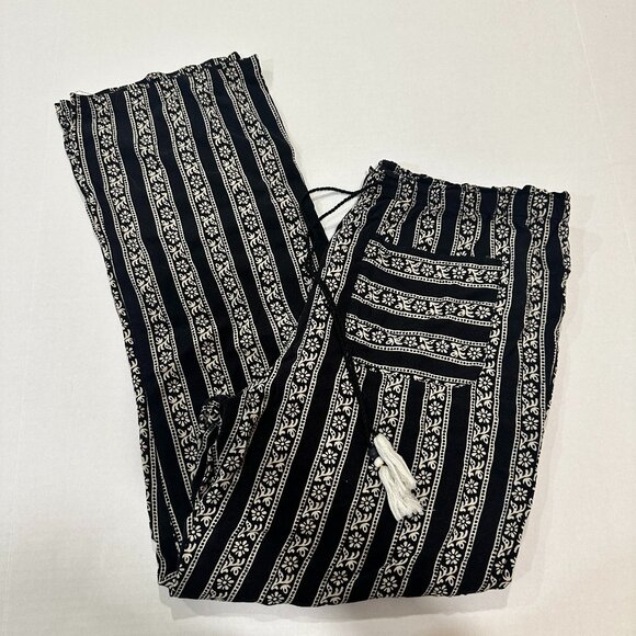 WOMEN'SECRET Boho Black Print Long Pant Mid Rise Draw String Sz L Front Pocket - Picture 5 of 16